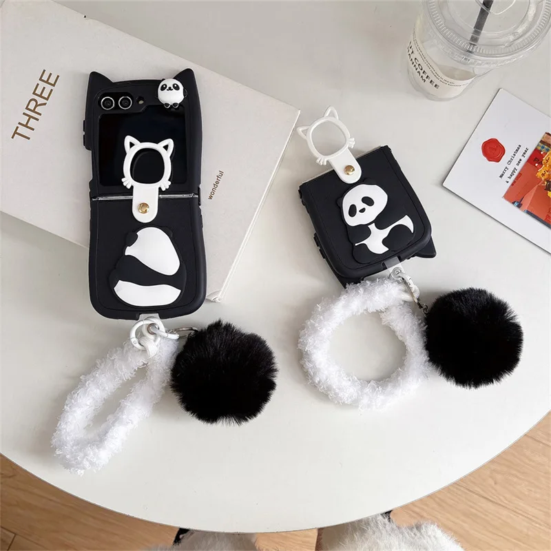 

Cute Cat Ear Panda Phone Case for Samsung Galaxy Z Flip 6 5 4 3 Protective Back Cover for ZFlip4 ZFlip5 ZFlip6 Case Shell