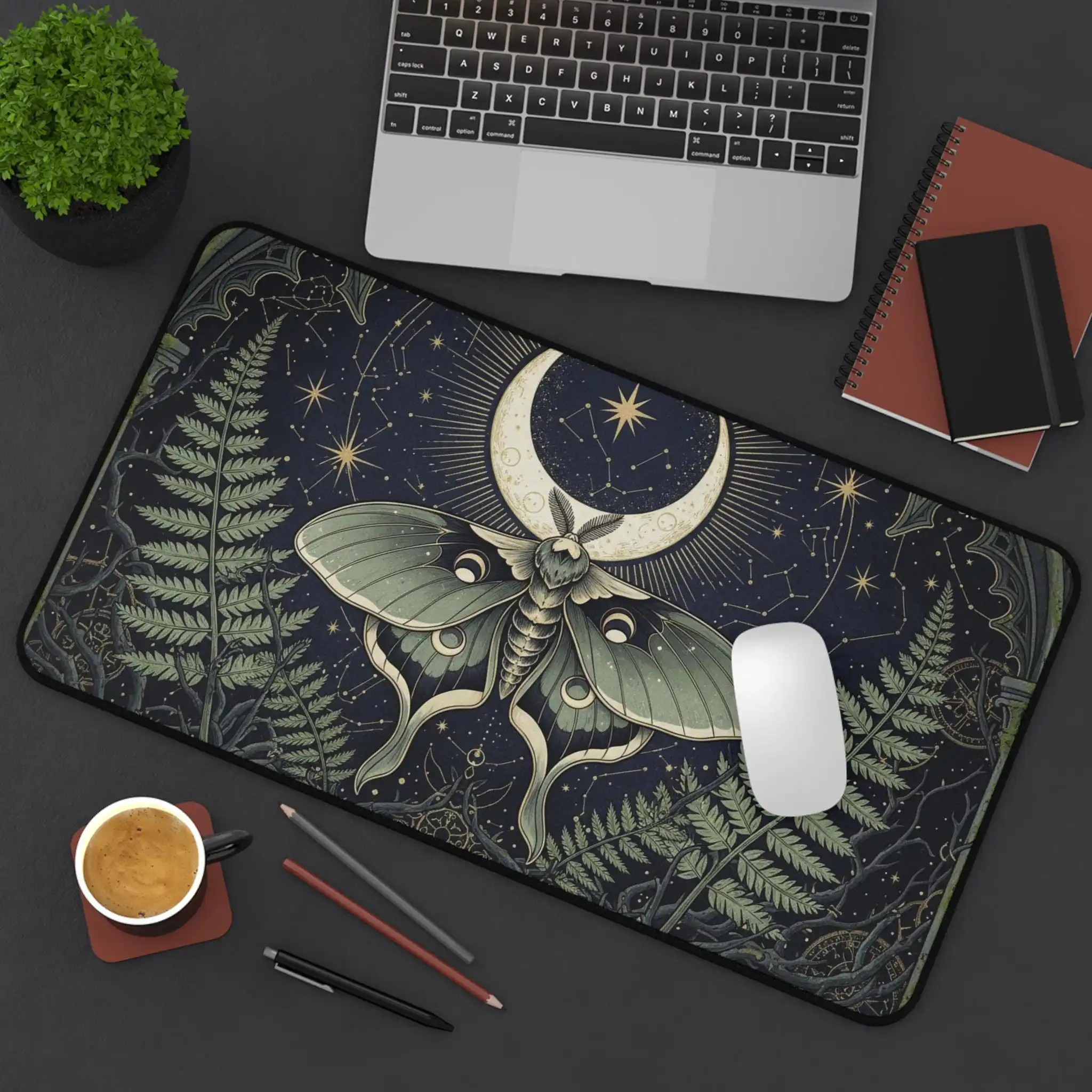 Plant Moon Moth Deskmat,Moon Fern Plant Pattern Mousepad,Witch-Style Desktop Decoration,Dark Night Starry Sky Office Accessories