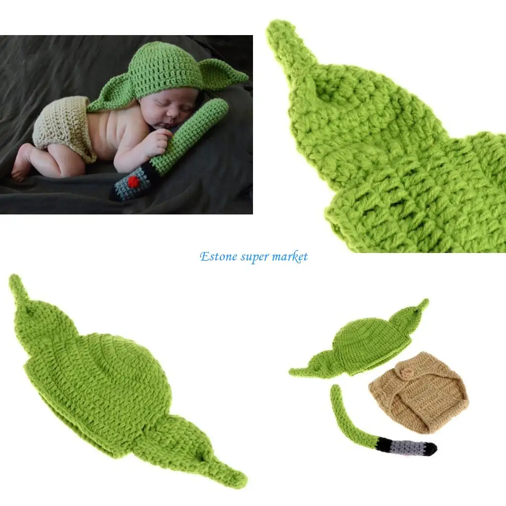 

090B New Photography Clothing Baby Knitted Hat Pant Jumpsuit For Newborn 6month 100 Days Autumn Winter Set Infant Photo Suit