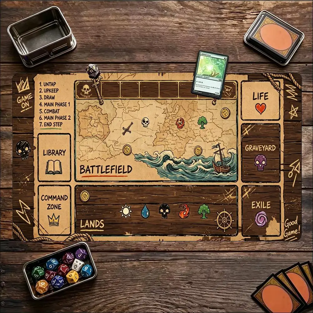 Vintage World Map TCG Playmat With Game Zones Non Slip Rubber Pad Large Tabletop Trading Card Battle Mat Gaming Accessories