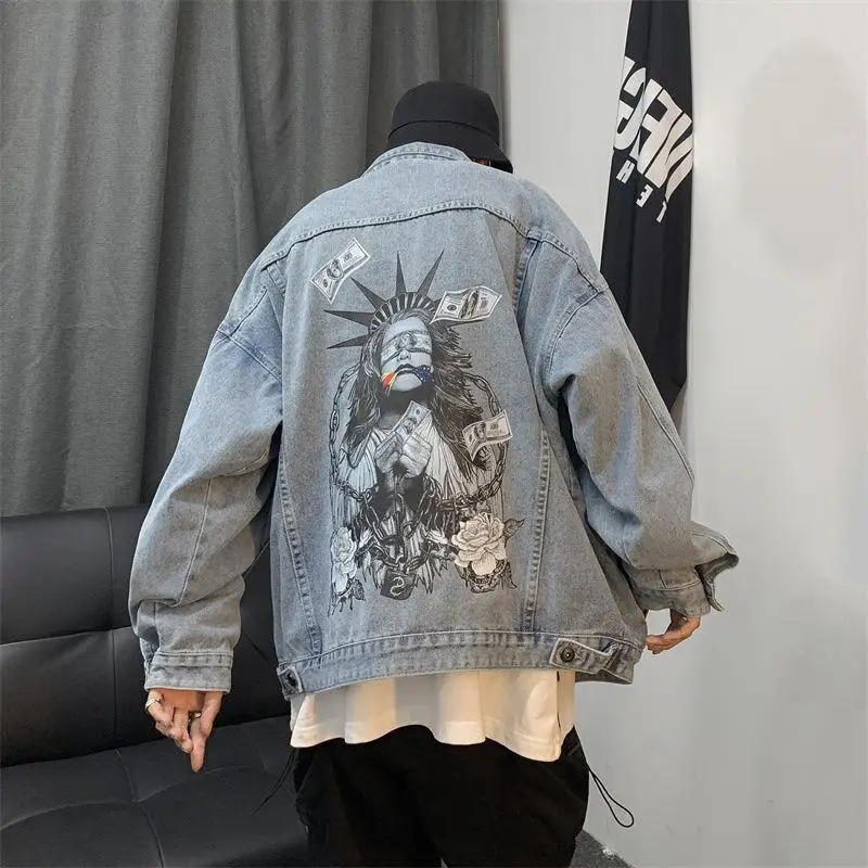 

Oversize American Retro Street Sle Men's Denim Jaet 230 Pou Spring Autumn Workwear Coat Loose Fit ort Length
