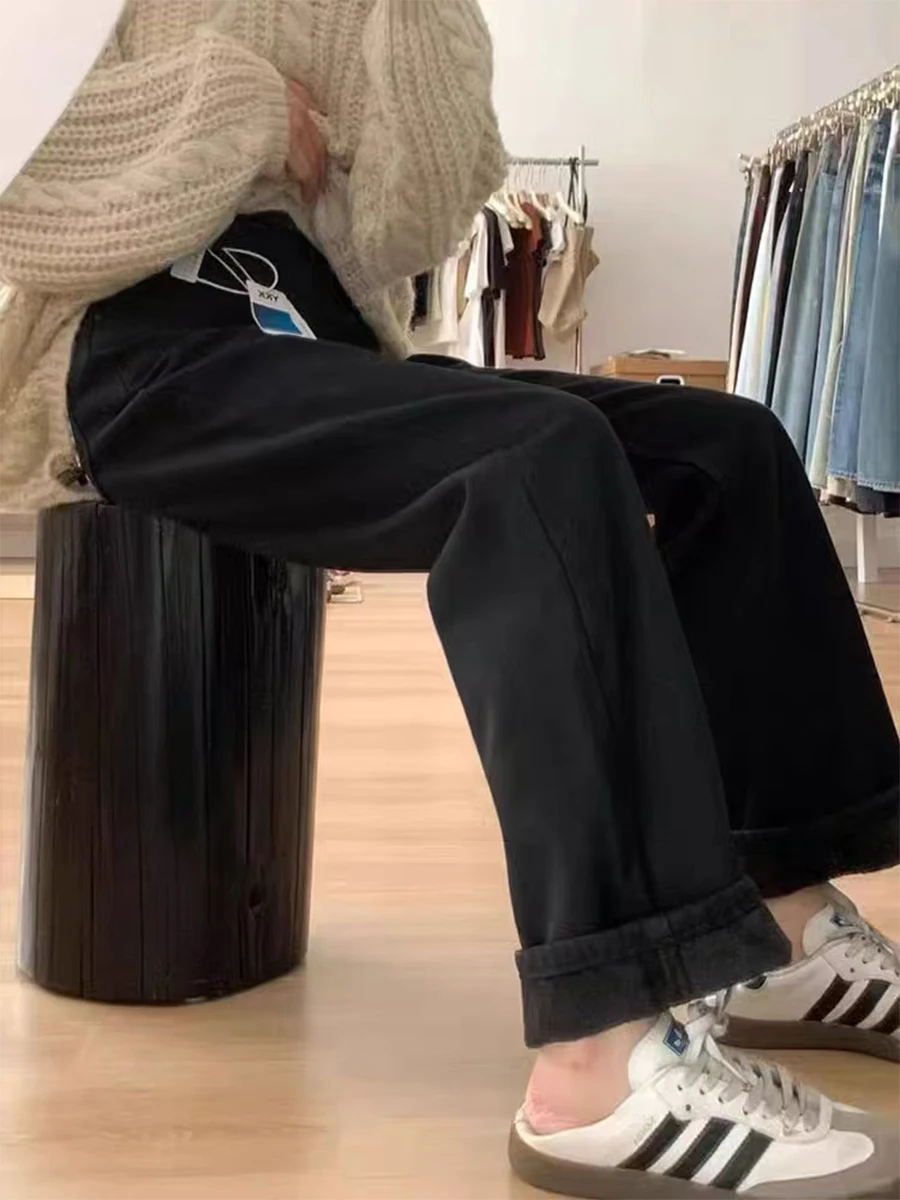 

Джинсы-брюки женские зимние, больших размеров, на флисовой подкладке, свободного кроя, прямые, с высокой талией, широкие штанины, для полных женщин