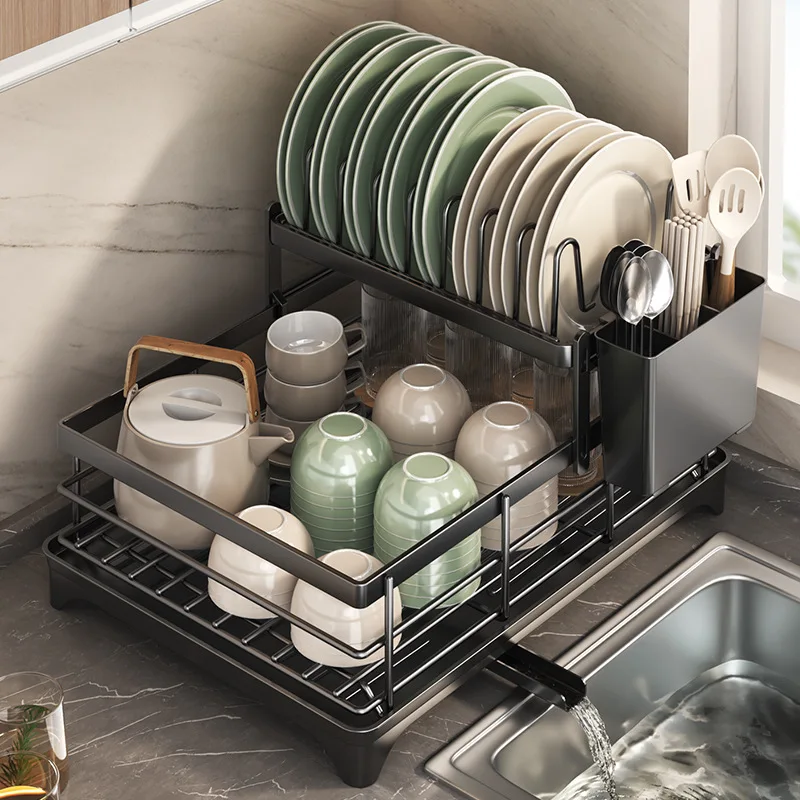 

New Kitchen Drain Bowl Plate Rack Storage Shelf Home Countertop Simple Bowl Dish Water Filter Utensils Storage Organizer