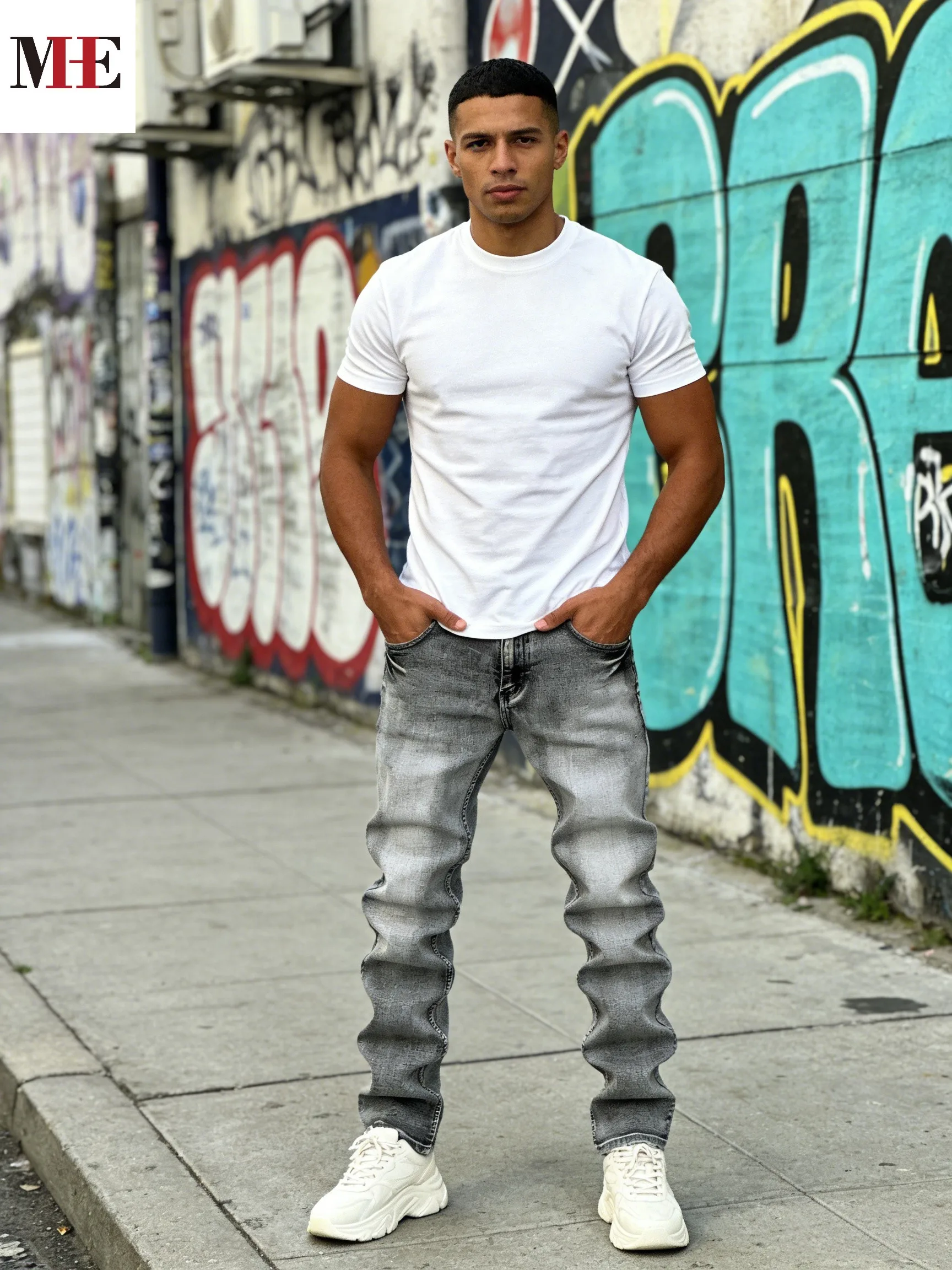 【HME】Men's Jeans | Minimalist Retro Street Grey Washed Denim Pants with Well-Proportioned Slim Straight Cut, Wear-Resistant Breathable Denim Cloth, Timeless Basic Design, Essential Wardrobe Pants for Men's Everyday Casual Outfits