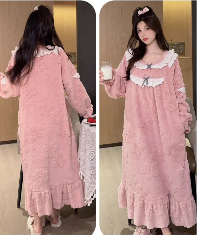 Pigiama da donna autunno inverno nuovo dolce girocollo con fiocco principessa camicia da notte in flanella manica lunga carino allentato riduzione dell'età