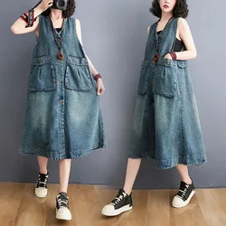New Spring Summer Female Fashion Denim Sundress Long Casual Dress Oversized Women's Korean Loose Denim Strap Dresses Blue Tide