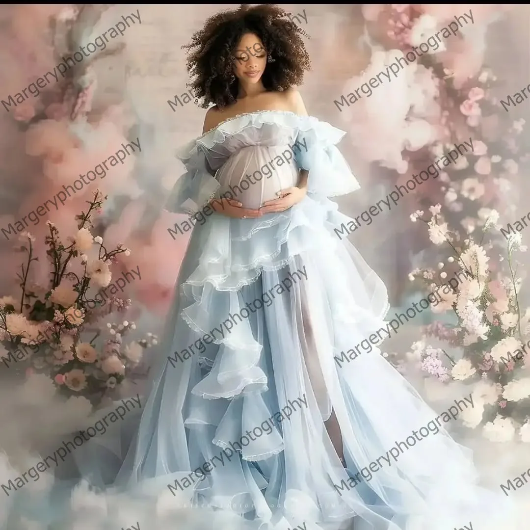 Dromerige Mesh Kant Zwangerschapsjurken Boothals Ruches Gelaagde Tule Gezwollen Zwangere Vrouwen Jurken Leuke Pluizige Fotoshoot Jurken