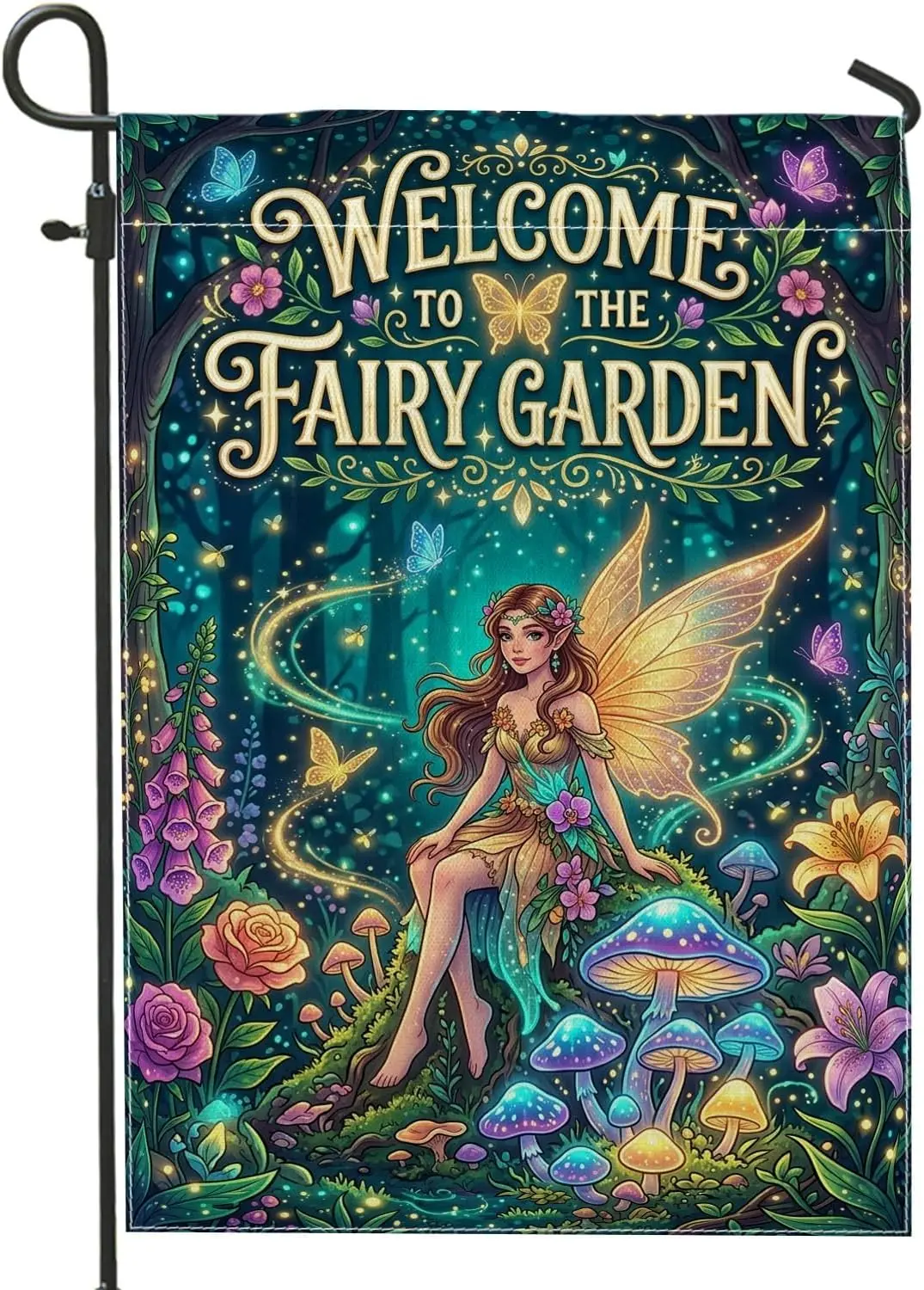 Fairy Garden Flag, Fantasy Fanciful Mushrooms Flowers Spring Green Burlap Double Sided Decorative Outside Flags for Outdoor  yyi