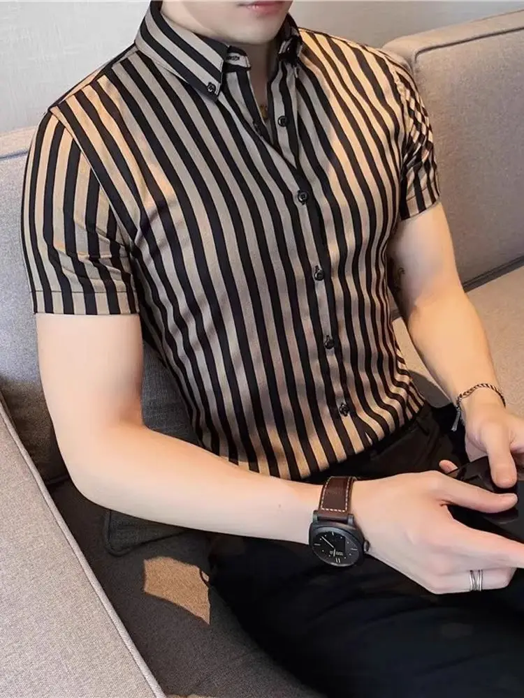 

Летняя мужская рубашка из ледяного шелка без глажки, корейский стиль, приталенная, класса люкс, в полоску, повседневная, высококачественная, модная