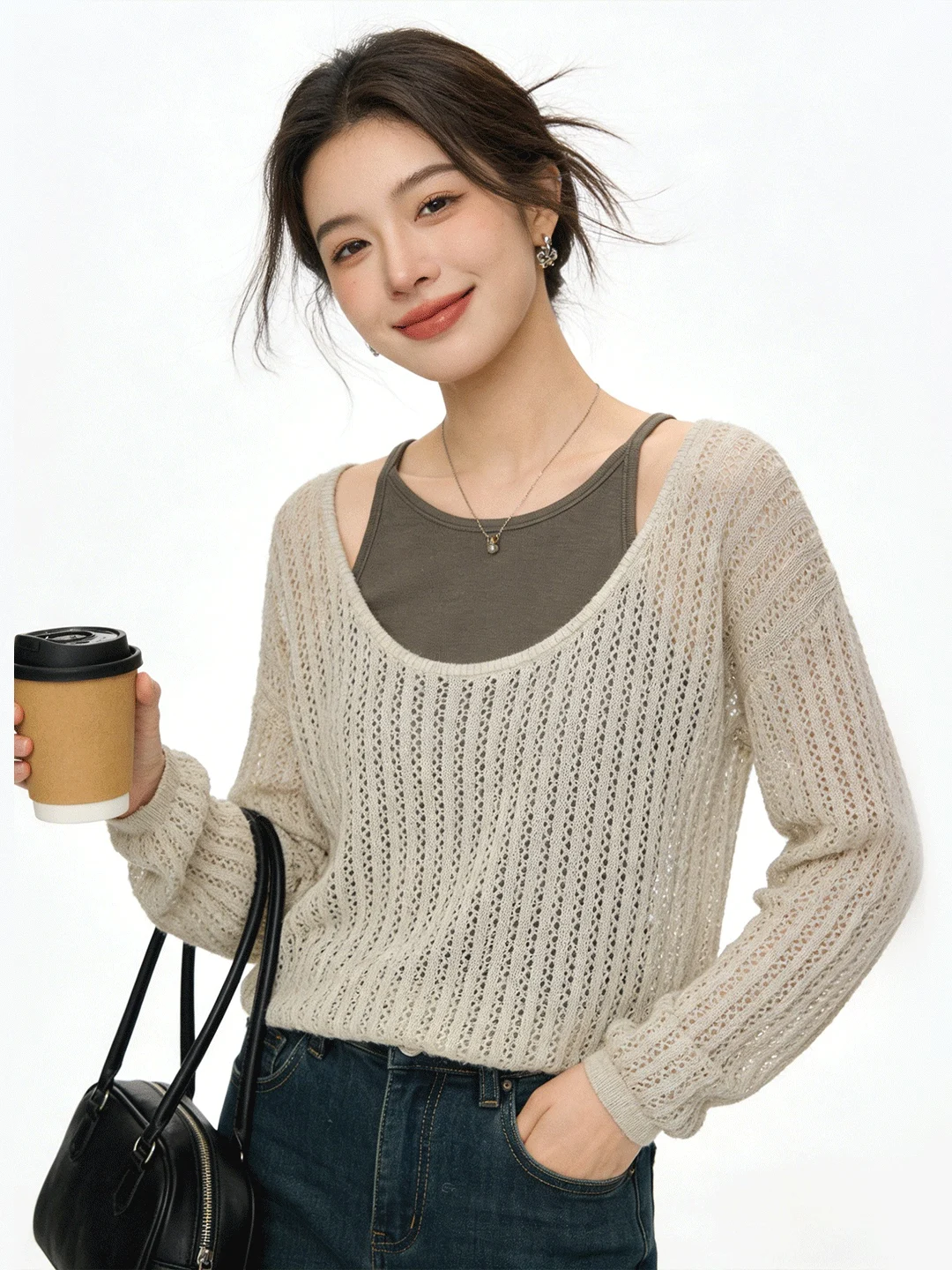 

Retro Slimming Knitted Hollow out Sun Protection Top And Bot Set Casual Early Spring Trendy Inner Wear Ensemble