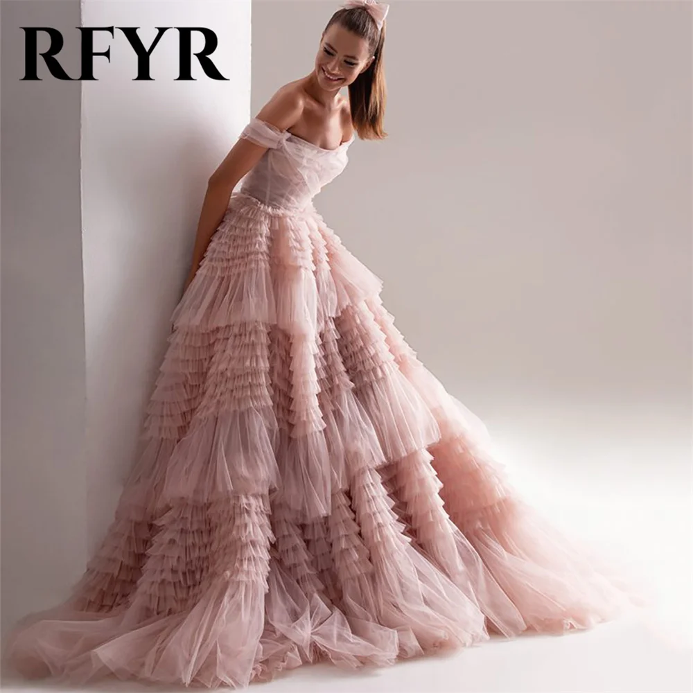 RFYR Dusty Pink Prom Dress Strapless Crumpled Ruffles Evening Dress Off The Shoulder Tiered Tulle فستان سهرة A-Line Party Dress