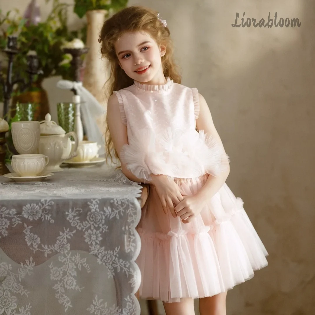 Abito da damigella d'onore personalizzato in tulle rosa a due pezzi per bambina, abito da festa nuziale da donna