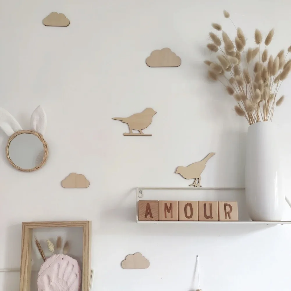 New DIY Wall Stickers Clouds Flowers Wooden Stickers Wall Ornaments Self-adhesive 3D Wall Stickers Nursery Decor