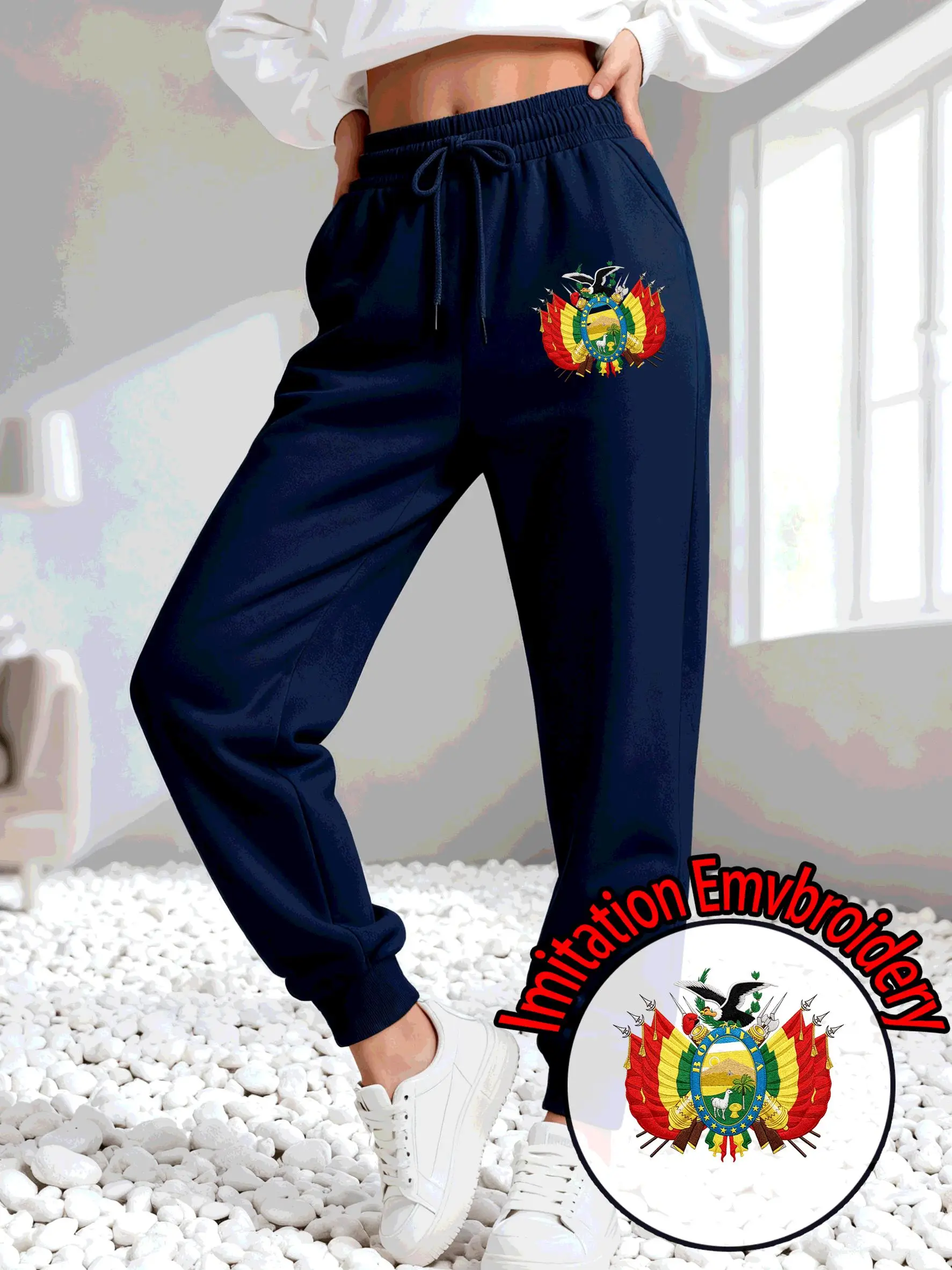 Bolivia Imitation Embroidery Print Women Sweatpant Street Soft Pant Pocket Multicolor Clothes Autumn Fleece Y2K Jogging Pants