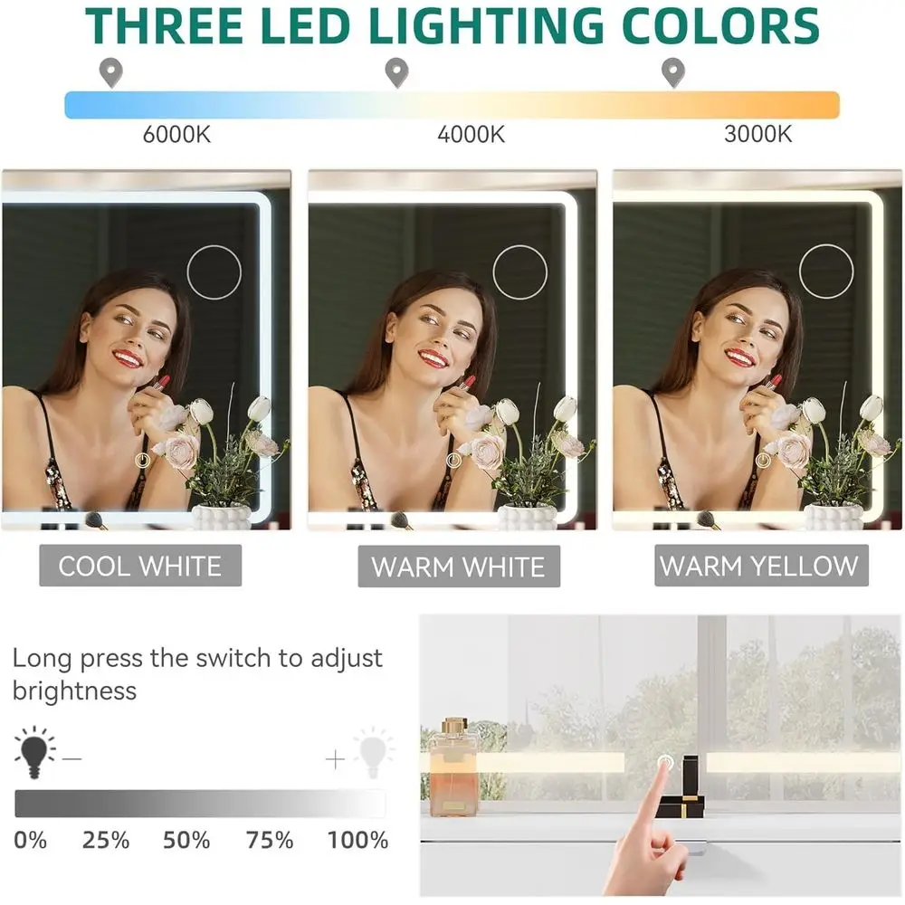 Tavolo da toeletta bianco da 46 LED con 11 cassetti, sedile imbottito, presa di corrente e specchio ingranditore