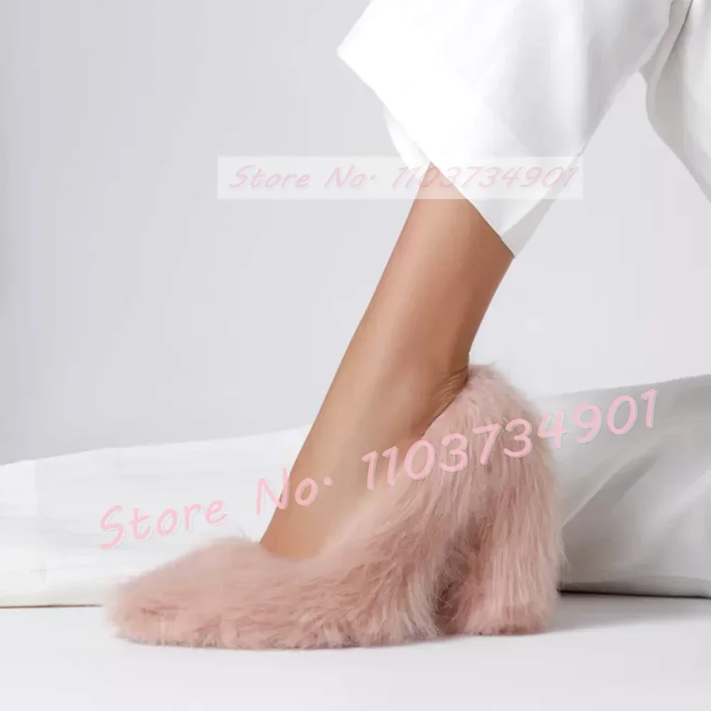 

Warm Fur Pointy Toe Sexy Pumps Women Trendy Solid Furry Slip-on Chunky Heels Shoes Ladies Casual Chic Party Pumps