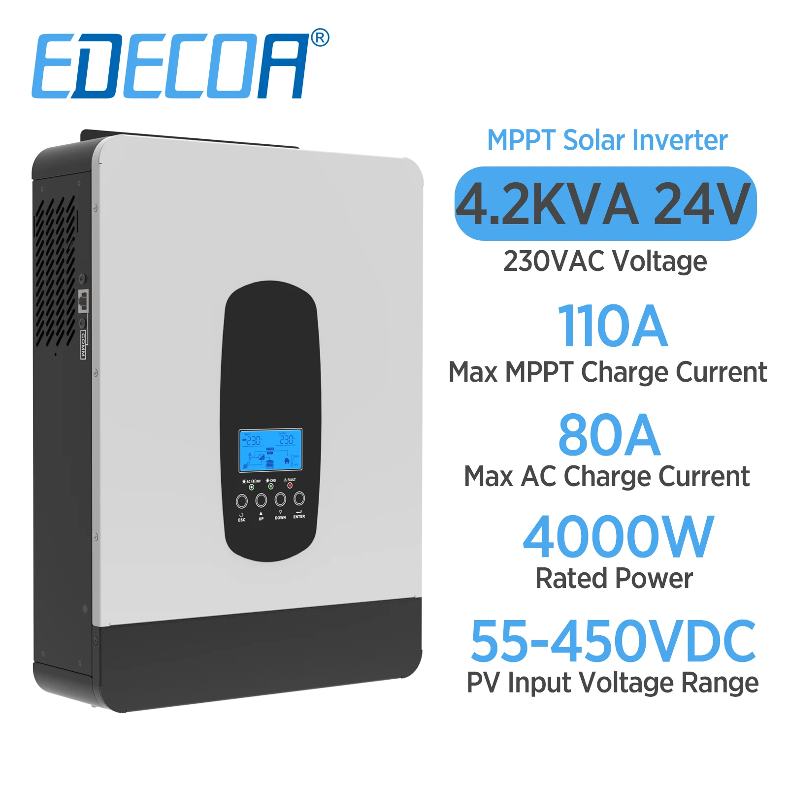 EDECOA 4000W Hybrid Solar Inverter 24V to 220V 230V MPPT 110A PV Input 55-450VDC Pure Sine Wave UPS Solar Charger