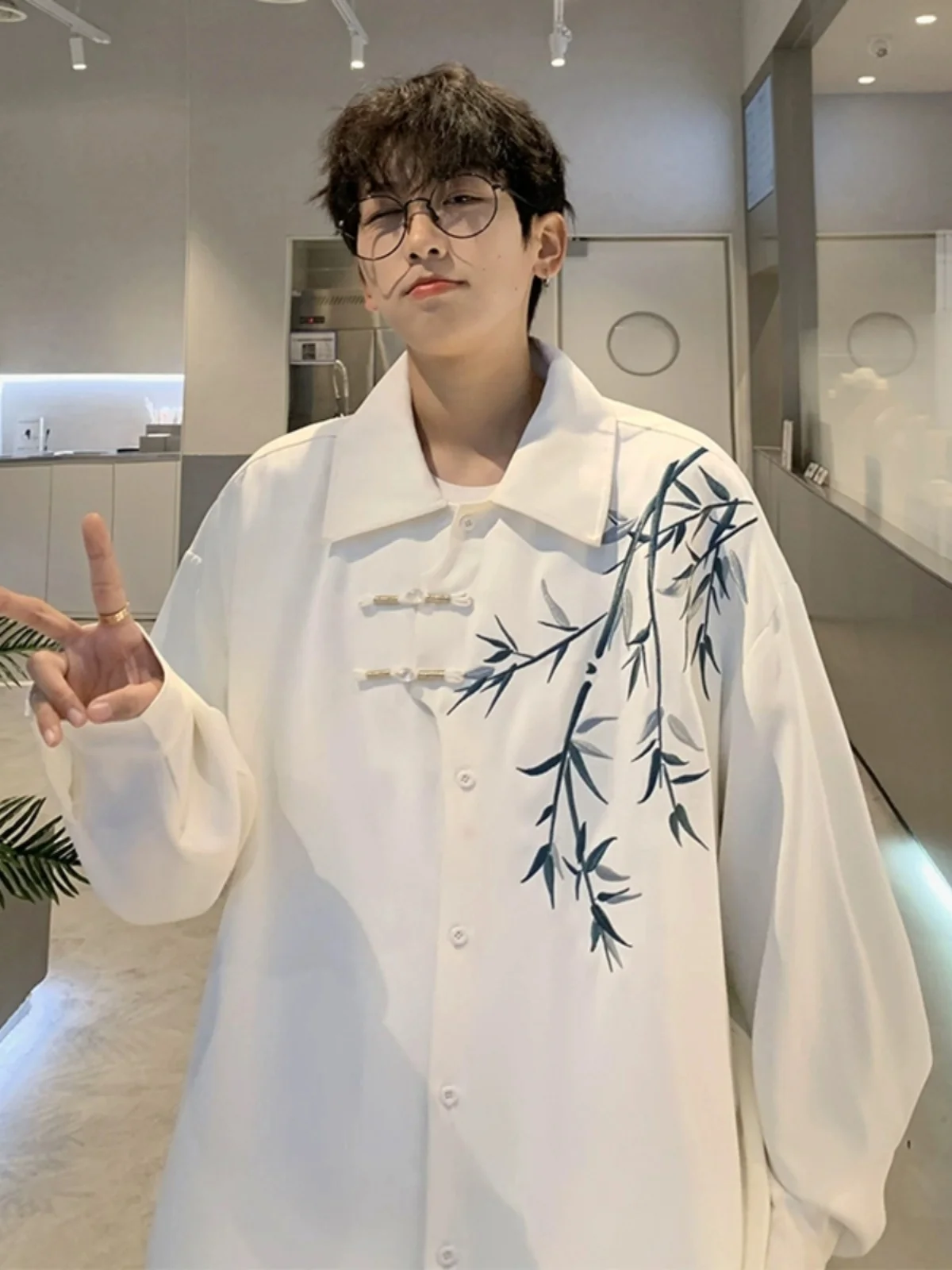 

New Chinese Style Bamboo Embroidery Long Sleeve White Shirt Men Casual Spring Autumn Fashion Brand Large Size