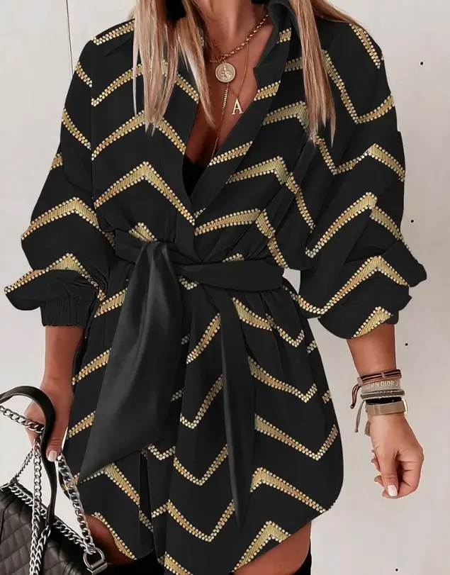 

Casual Women's Shirt Dress 2024 Summer Bronzing Chevron Print Turn-Down Collar Long Sleeve Tied Detail High Waist Shirt Dress