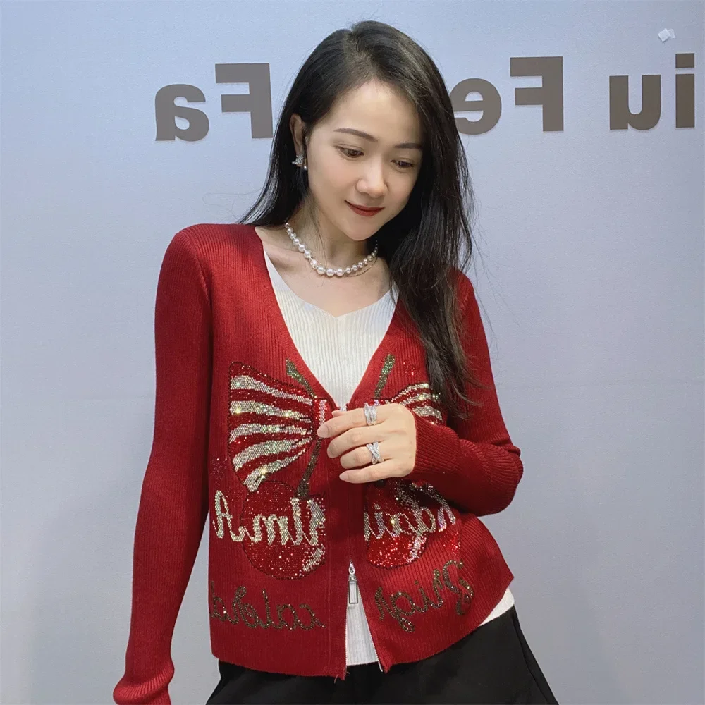 Women's Clothing Heavy Industry Hot Diamond Fake Two-piece Long-sleeved Knitted Sweater Autumn Winter New Fashion Thin Sweater