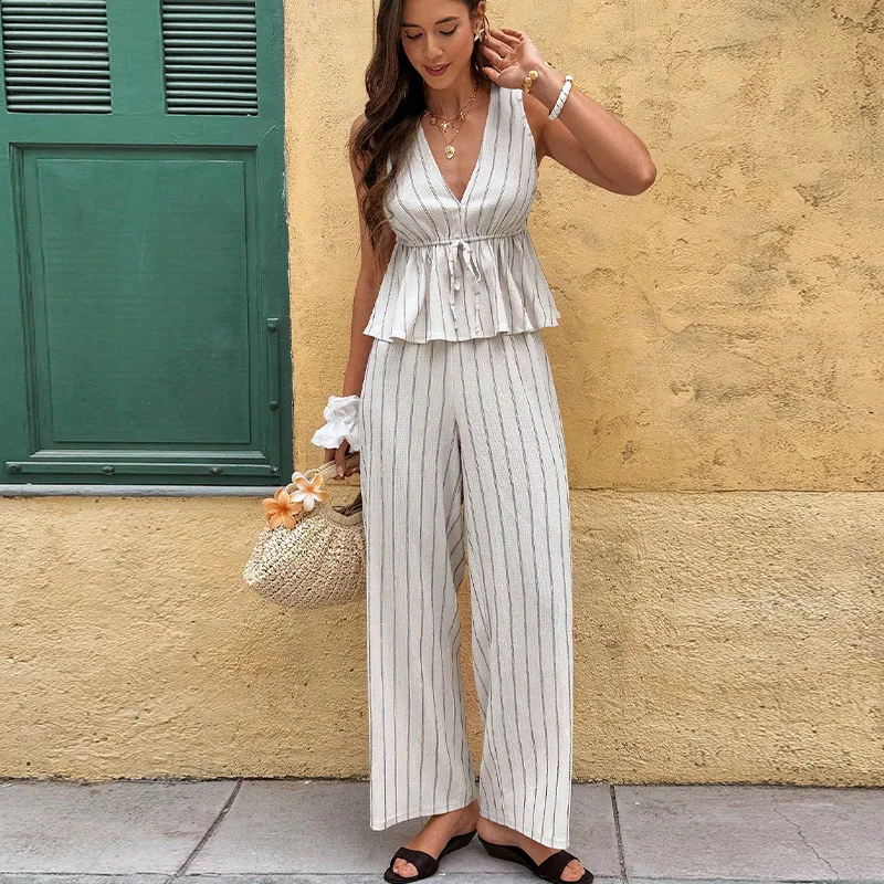 

Модный полосатый женский топ без рукавов, комплект из 2 предметов, новый летний сексуальный комплект с глубоким v-образным вырезом, облегающий талию, женские прямые брюки на шнуровке