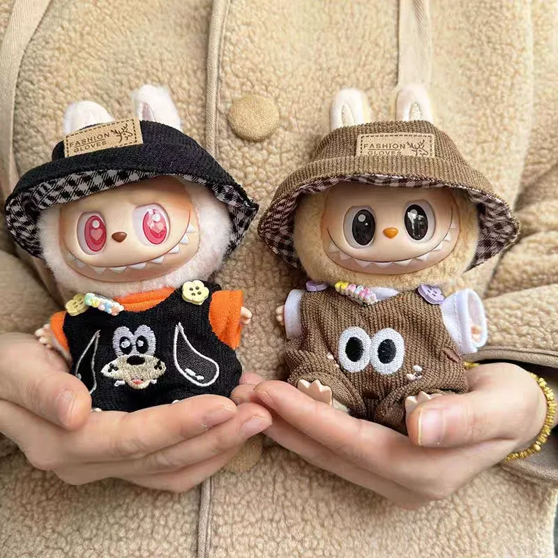 Labubu V2 Plush Doll Pendant Cartoon Overalls Set with Hat and Lining Outfit Accessories