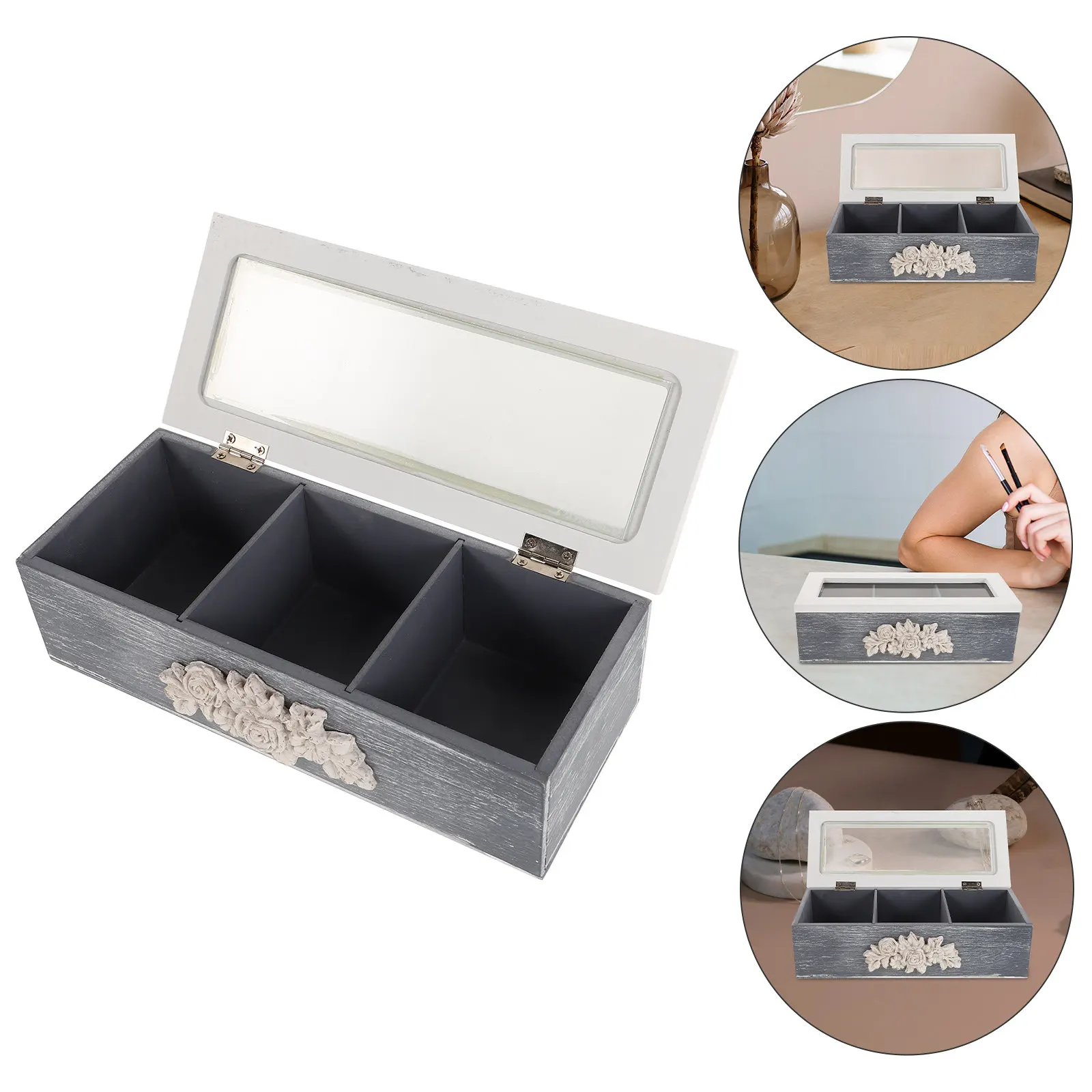 

Wooden Jewelry 3-Compartment With Clear Lid Drawer Storage Organizer For Necklaces Rings Earrings Trinket Box Jewelry