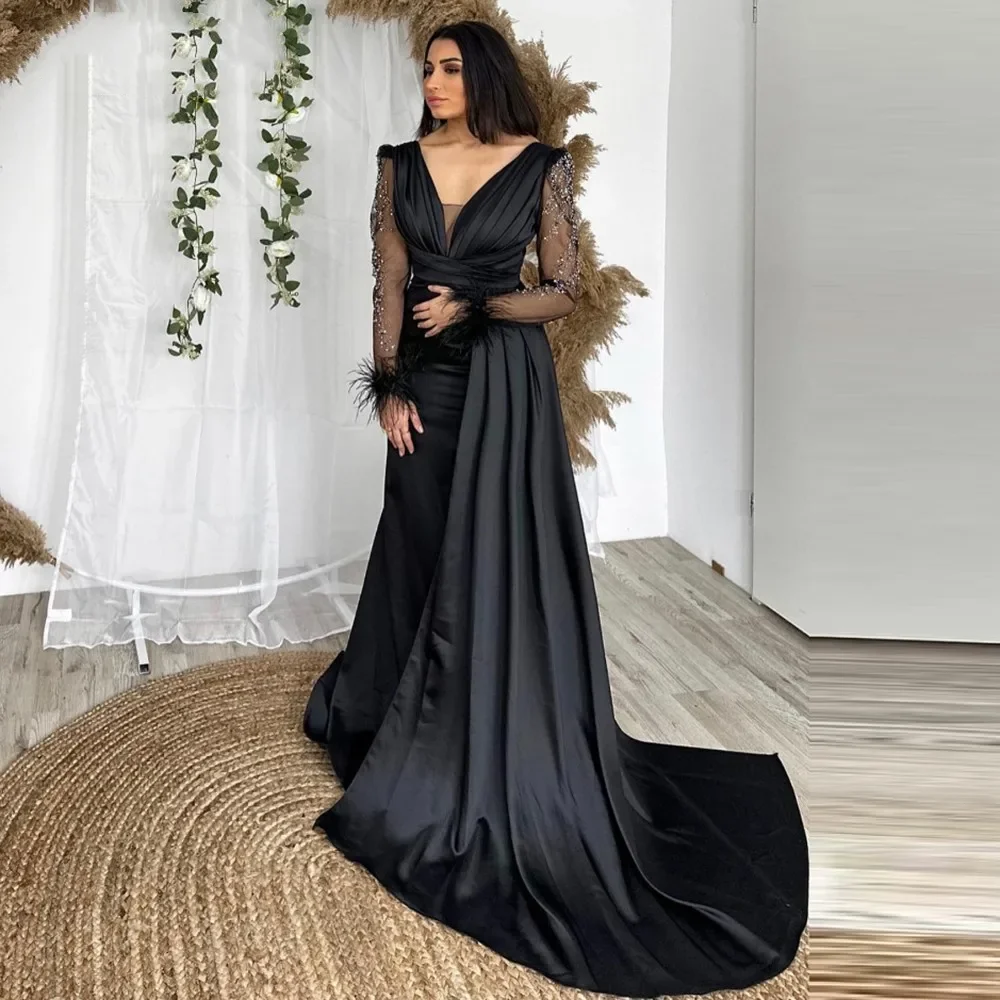 

Flavinke Black Mermaid Evening Dresses V-Neck Beaded Prom Party Gown Feather Long Sleeves Satin Formal Dress Vestidos De Noche