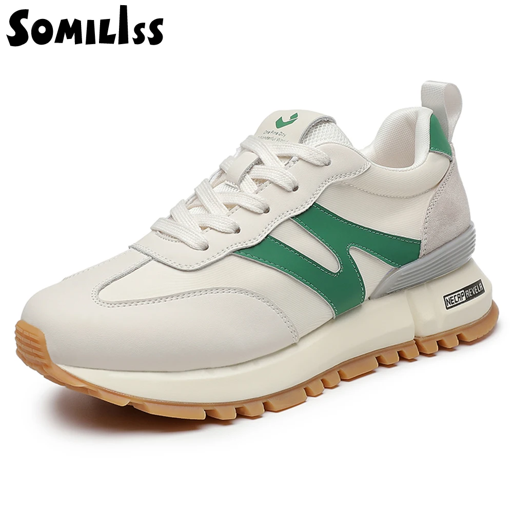 Somiliss Women Causal Sneakers Genuine Leather Suede Patchwork Lace-Up Ladies Lightweight Breathable Designer Brand Sport Shoes