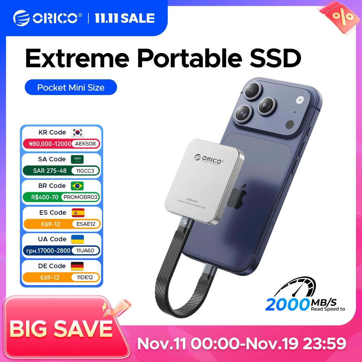 ORICO K20Mini Магнитный внешний SSD для iPhone 17 16 Pro/Max ProRes 2000 МБ/с 4K ProRes HDR Запись и хранилище Портативный твердотельный накопитель