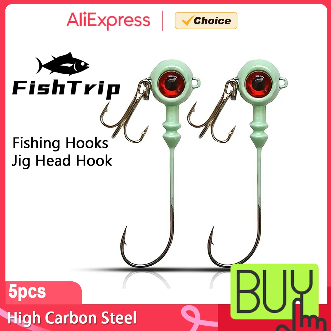 FishTrip-anzuelo con cabeza de anzuelo de pesca, vástago largo con anzuelo triple, plantillas luminosas brillantes para lubina, trucha, tipo de pez panfish, aparejos de pesca, 5 uds.