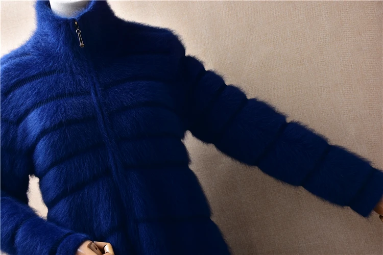 Female Women Fall Winter Blue Zippers Hairy Mink Cashmere Knitted Turtleneck Long Sleeves Striped Slim Cardigans Sweater Jacket