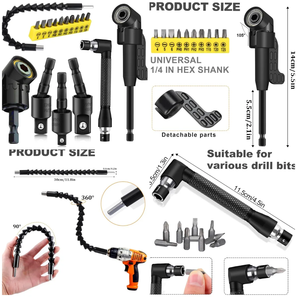 

17Pcs Flexible Drill Bit Extension Set with Socket Adapter, Hex Shank, Angle Attachments & Screwdriver Bits