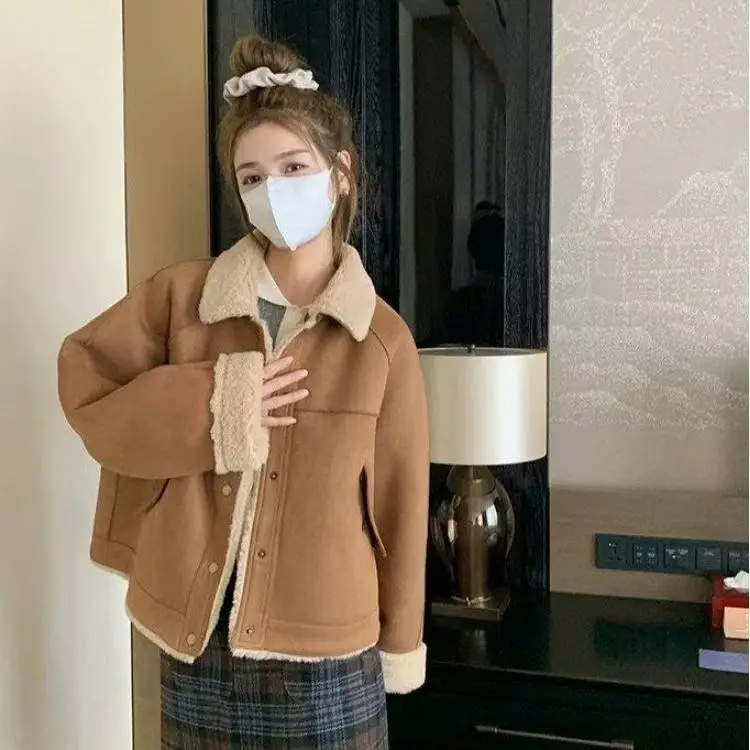 

Women's ort Thiened Warm Lamb Fur Cotton Jaet Leather Fur Inteated Outerwear Korean Sle Straight Cut Long Sve