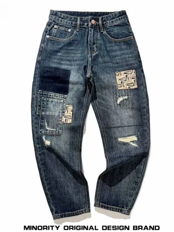 American Street Style Men's Jeans Patchwork Decorative Hole Straight Leg Casual Loose Long Pants Youth Fashion Denim Jeans