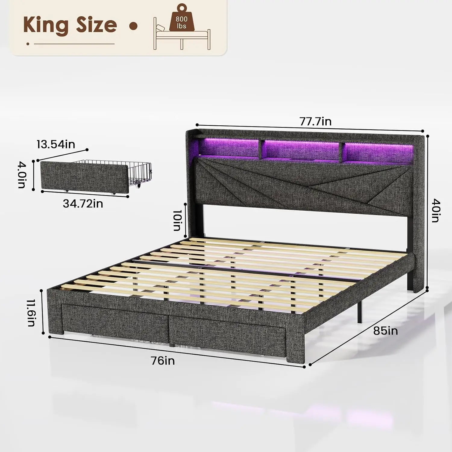 LED King Size Bed Frame with 2 Storage Drawers, Upholstered King Bed Frame with Headboard and Charging Station, No Box Spring