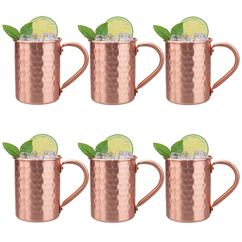 6Pcs 100% Copper Cups Pure Solid  Moscow Mule PURE Copper Mugs-Shaped 400ml Cocktail Cups Beer Milk Mug Drinkware