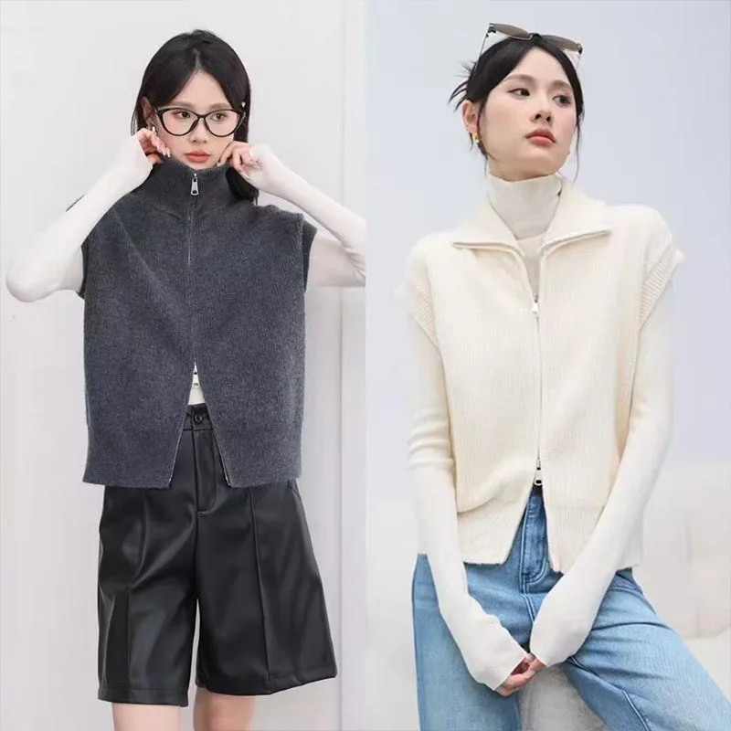 

Женская одежда, модный универсальный вязаный жилет, осень-зима, новый шикарный свитер без рукавов с воротником-стойкой на молнии, женские элегантные топы
