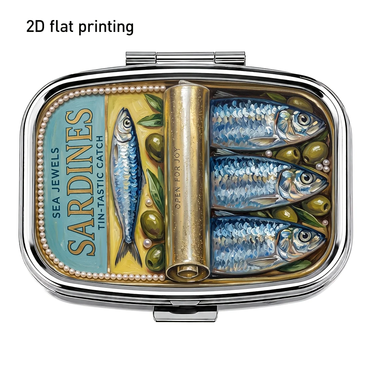 1pc, flat printing, realistic olive oil-soaked sardine pattern square metal pill box, European and American vintage style, two-compartment portable storage box, pocket-sized accessory and pill case, detachable design, moisture-proof and portable, essential for outdoor travel and daily life, creative and exquisite gift, durable and unique in design
