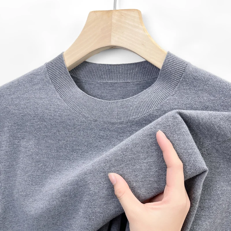 Hot-Selling Solid Color Knitted Short-Sleeve-Shirt Men'S Business Casual Round Neck Half-Sleeve Thin Sweater Base Knitted Shir