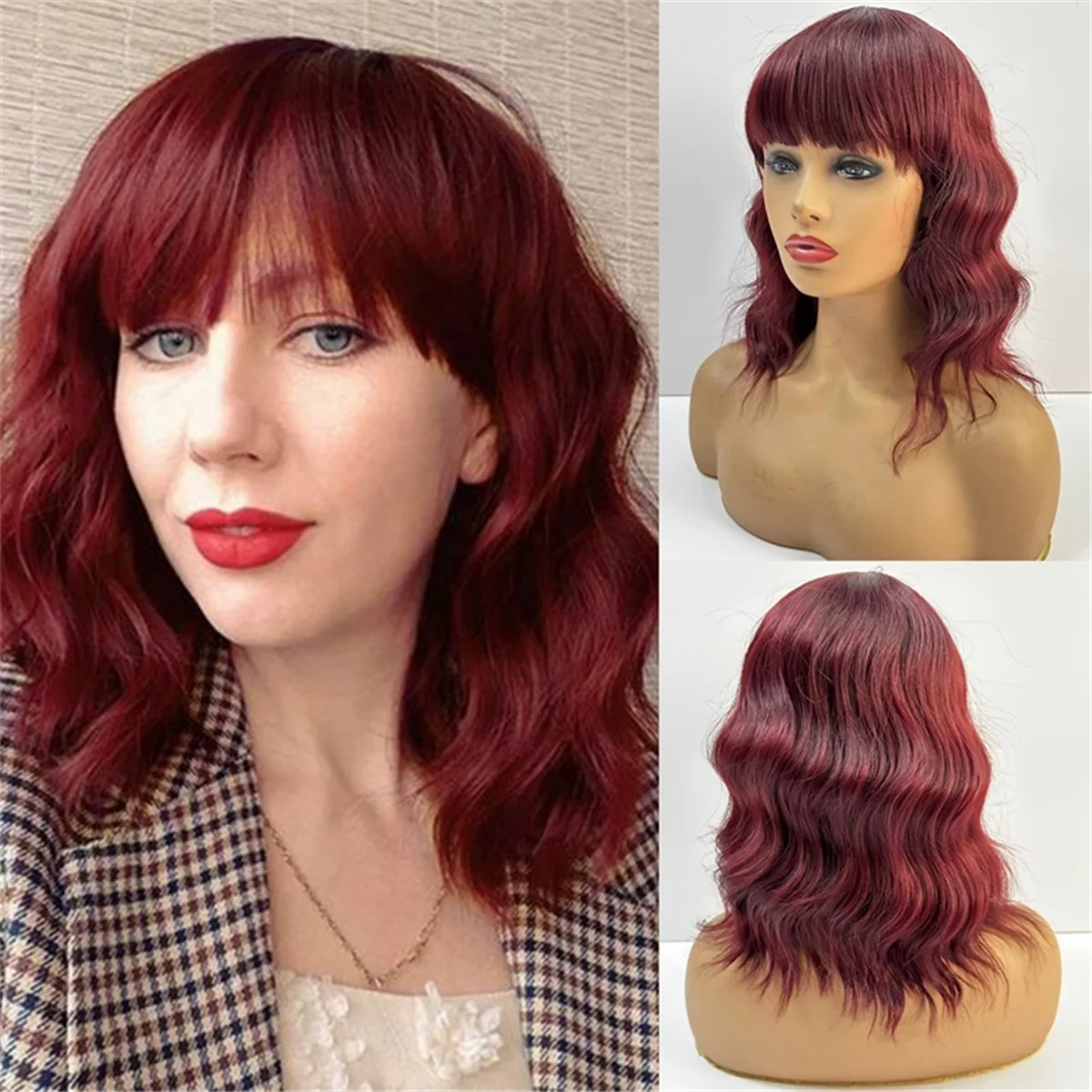 Wig sintetis panjang bergelombang merah anggur, dengan poni Wig keriting alami Wig Cosplay wanita tahan panas serat Wig