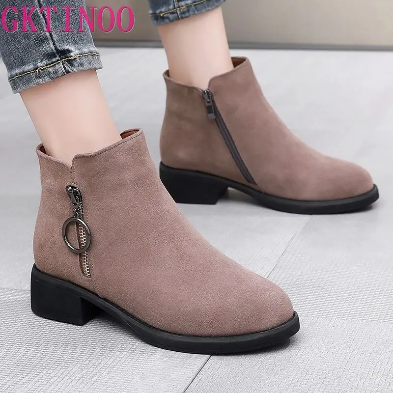 GKTINOO 2024 Women Boots Vintage Real Cow Suede Leather Spring Autumn Winter Ankle Boots For Women Ladies Med Heels Shoes