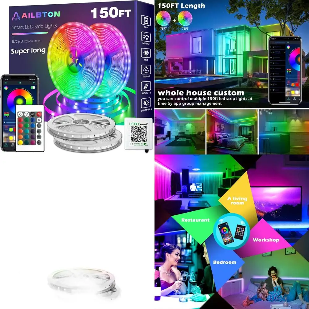 

Ультрадлинные светодиодные ленты RGB 75 футов x 2 с приложением и голосовым управлением для декора дома и вечеринок