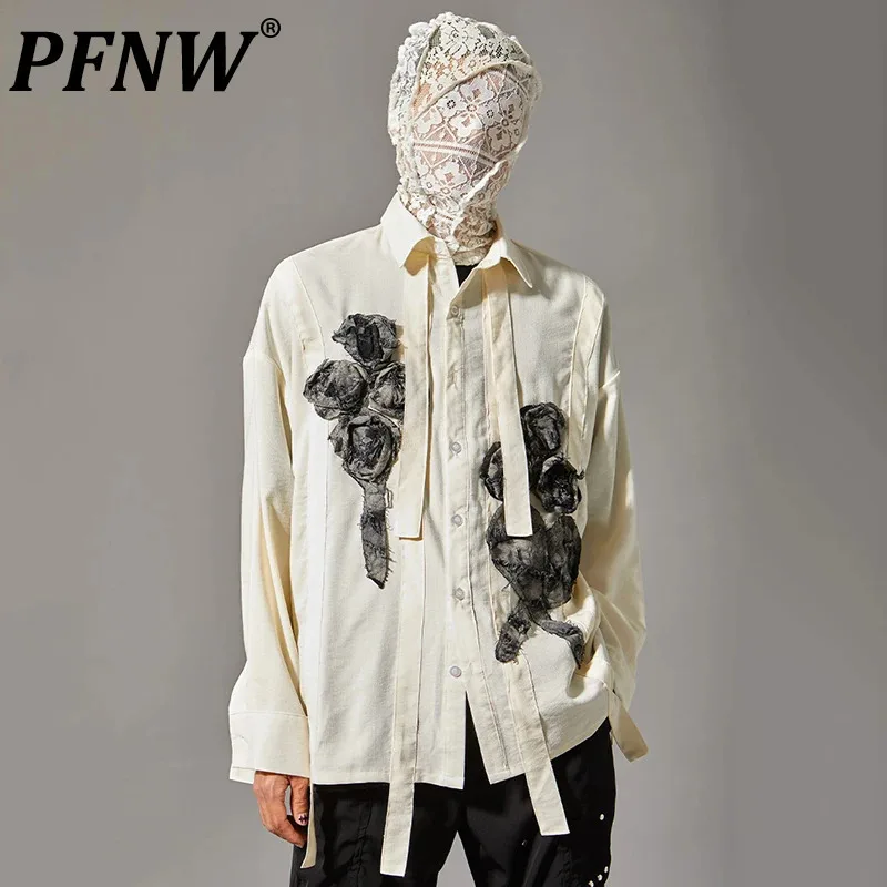 PFNW High Street Male Shirts Lace-up Three Dimensional Flowers Lapel Men\'s Clothing Loose Long Sleeve Tops New Chic 12C192