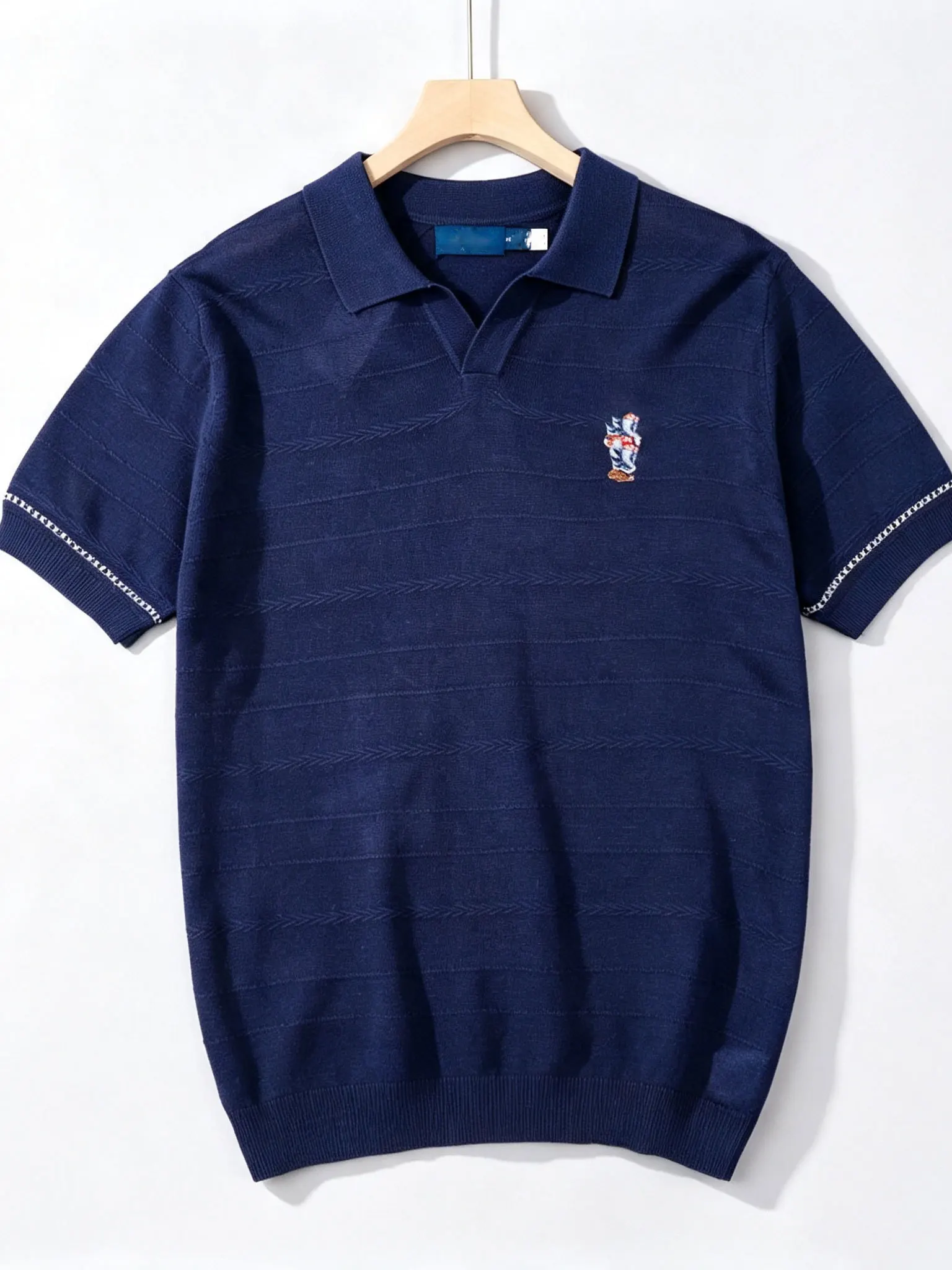 Classic Embroidered V-Neck Short Sleeve Knitted T-Shirt Unisex Basic Style Multiple Colors Available Breathable Skin-Friendly