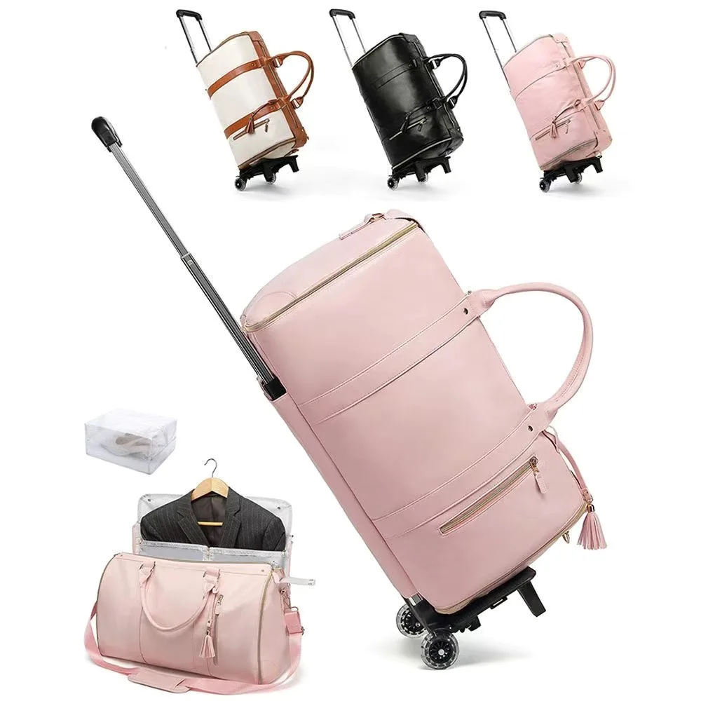 Multi-Functional Suitcase Bag Travel Handheld Fitness Outdoor Wheel Puller Luggage Retro Style PU Leather Glossy Surface Unisex