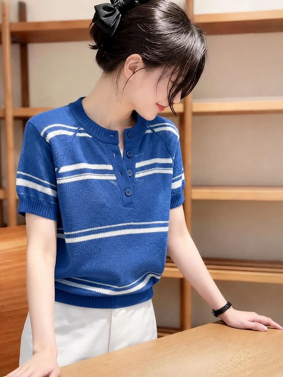 

Korean Style Striped Color Block Knit Top Summer Fashion Commute Short Sleeve Design Sense 2026 Seasonal Women's Fashion