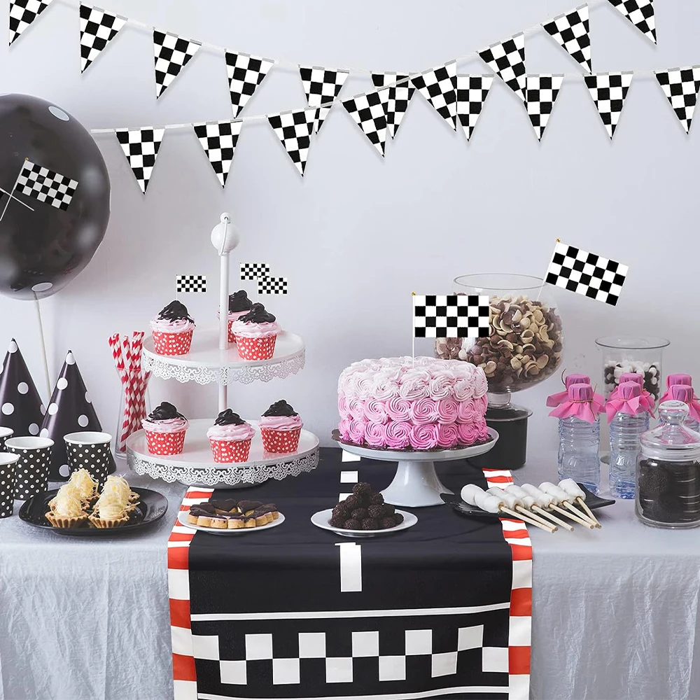 Hanging Flag Black and White Checkered Racing Pennant Banner for Nascar Theme Race Car Birthday Formula 1 Party Decoration Favor
