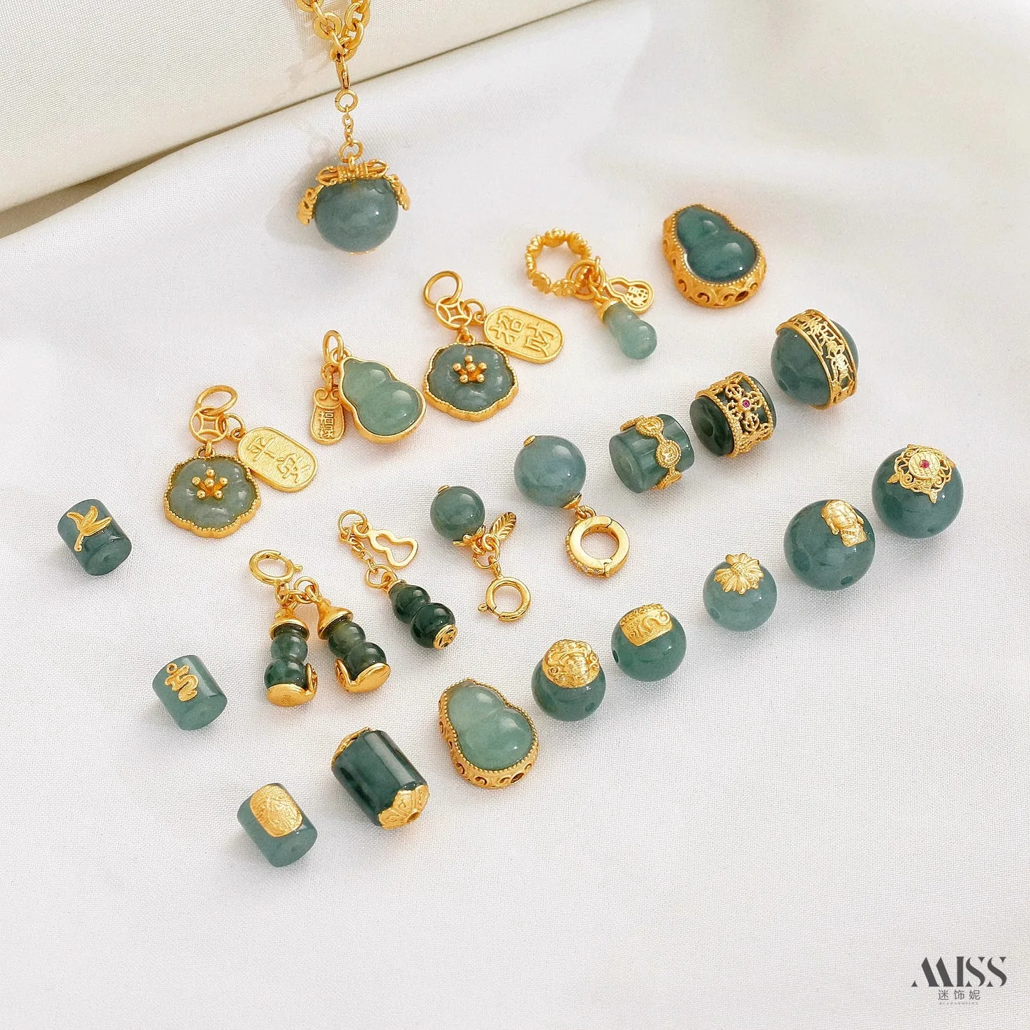 

Gold Plated, Natural Blue Water Jadeite Gourd, Round & Barrel Spacer Beads, Pendants, DIY Jewelry Accessorie