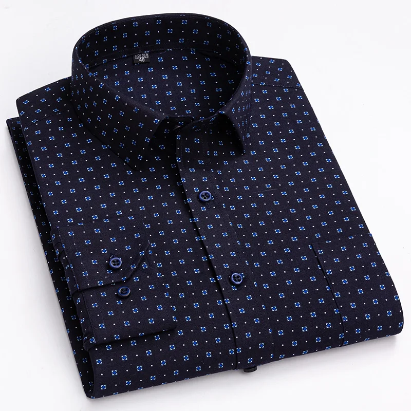 

Autumn Dark Blue Printed Business Casual Office Work Clothes Mens Shirts 65% Cotton Long Sleeve T Shirt Men